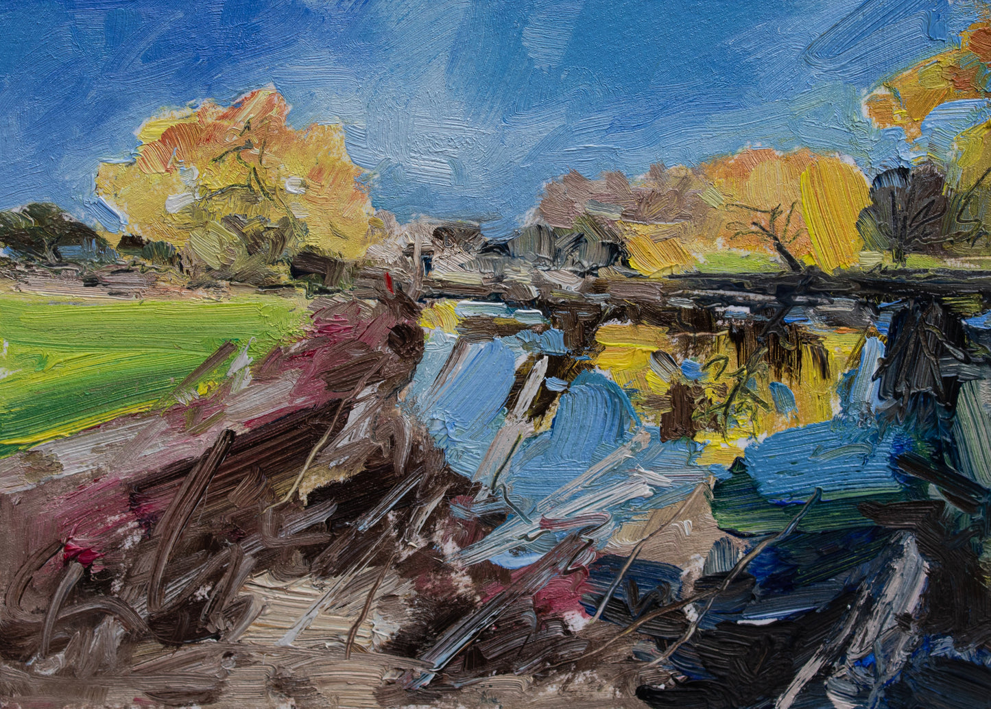 Changing Colours, Looking Upstream, oil on board, 27cm x 21cm (Framed)