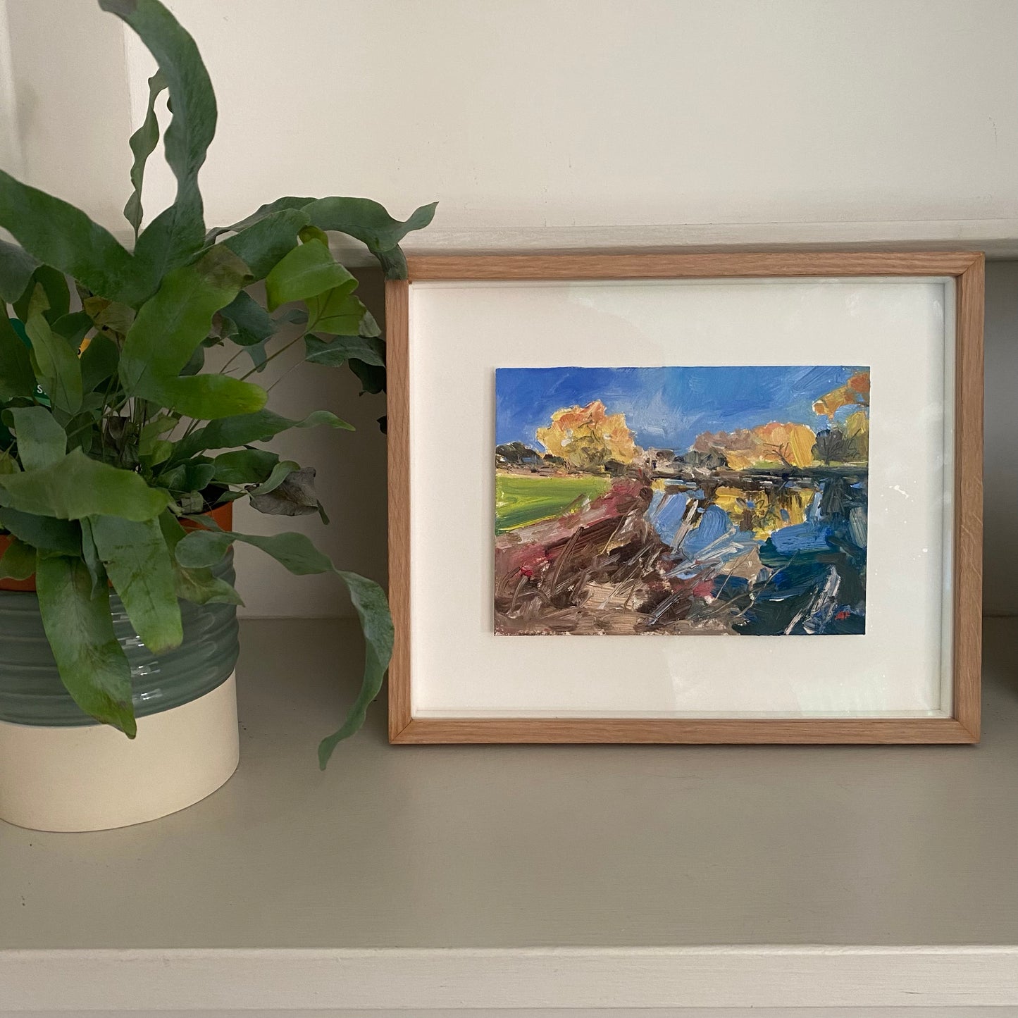 Changing Colours, Looking Upstream, oil on board, 27cm x 21cm (Framed)